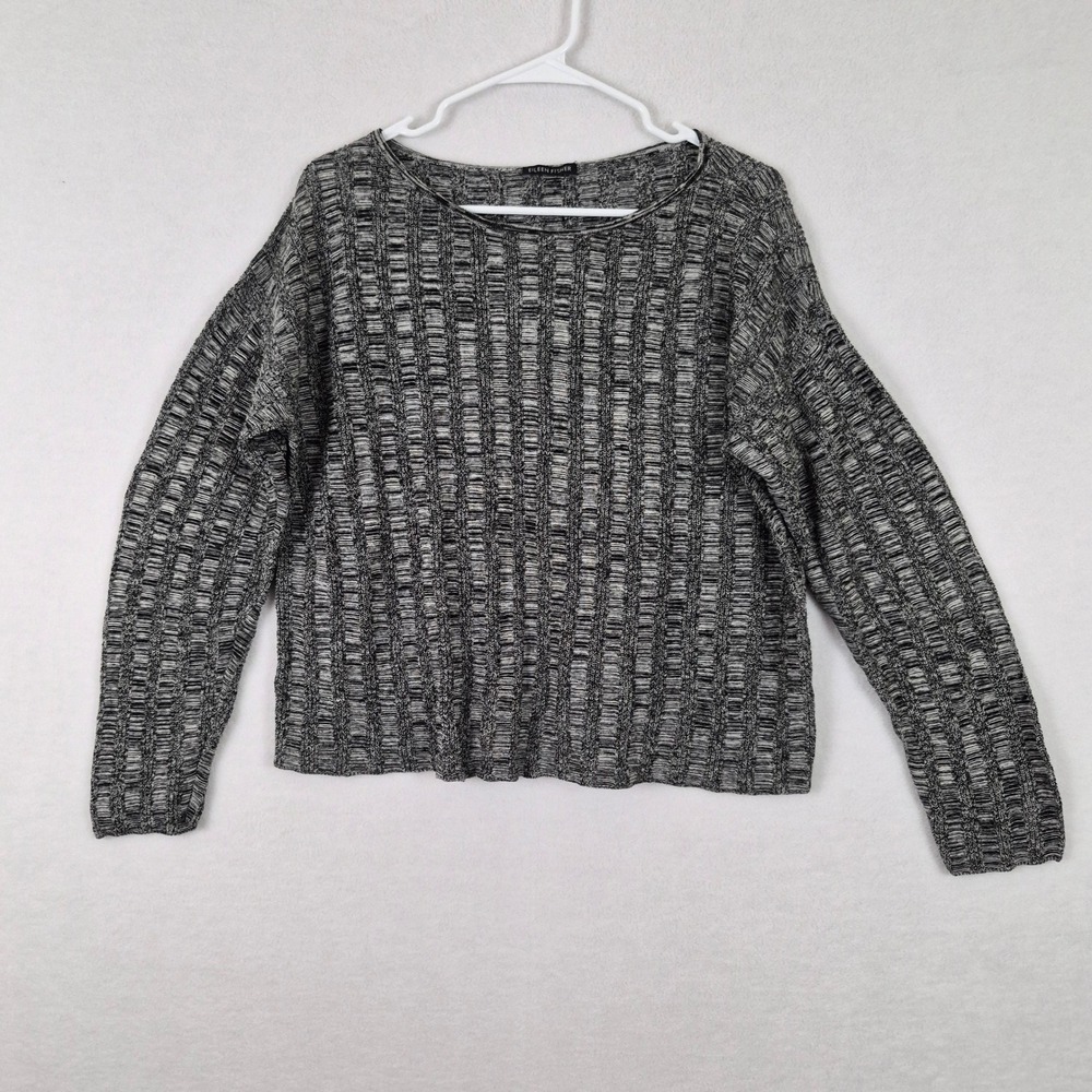 Eileen Fisher Silk Organic Linen Knit Sweater Black White Marled Boat Neck Sz L